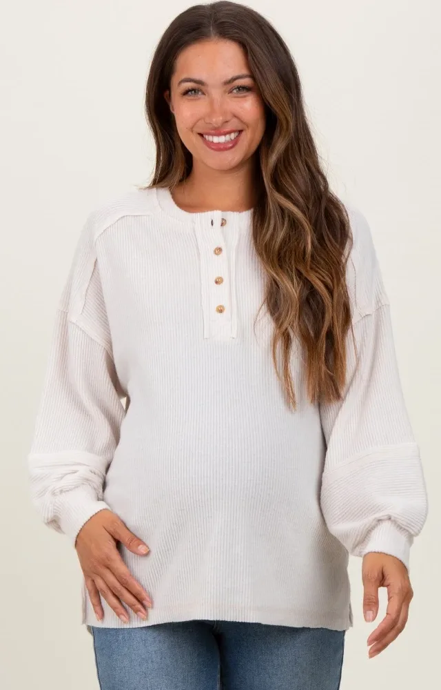 Cream Oversized Ribbed Knit Henley Maternity Sweater