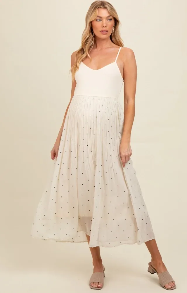 Cream Polka Dot Pleated Mesh Overlay Maternity Maxi Dress