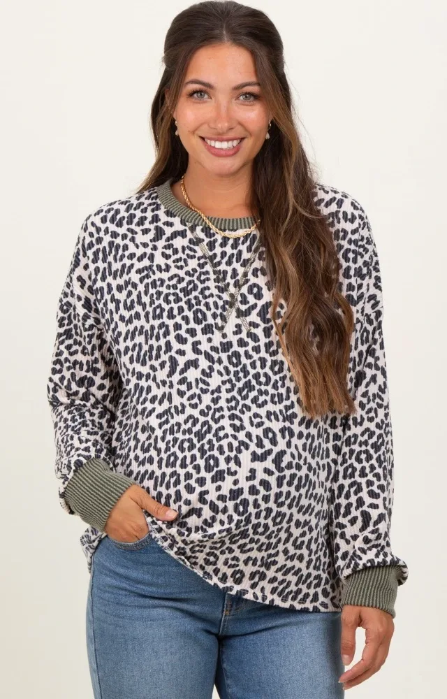 Cream Ribbed Animal Print Contrast Trim Maternity Pullover