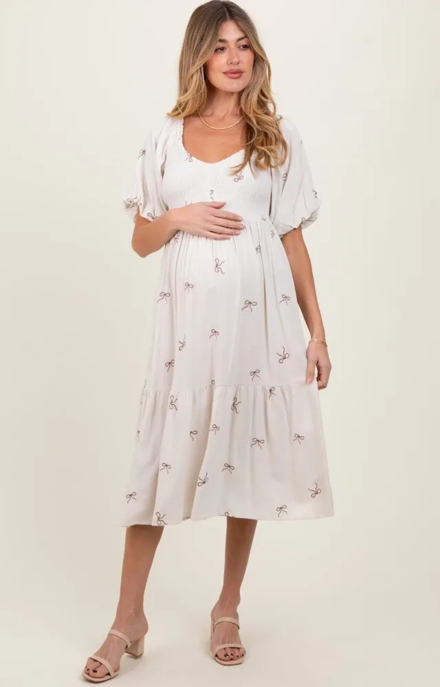 Cream Ribbon Print Smocked Maternity Midi Dress