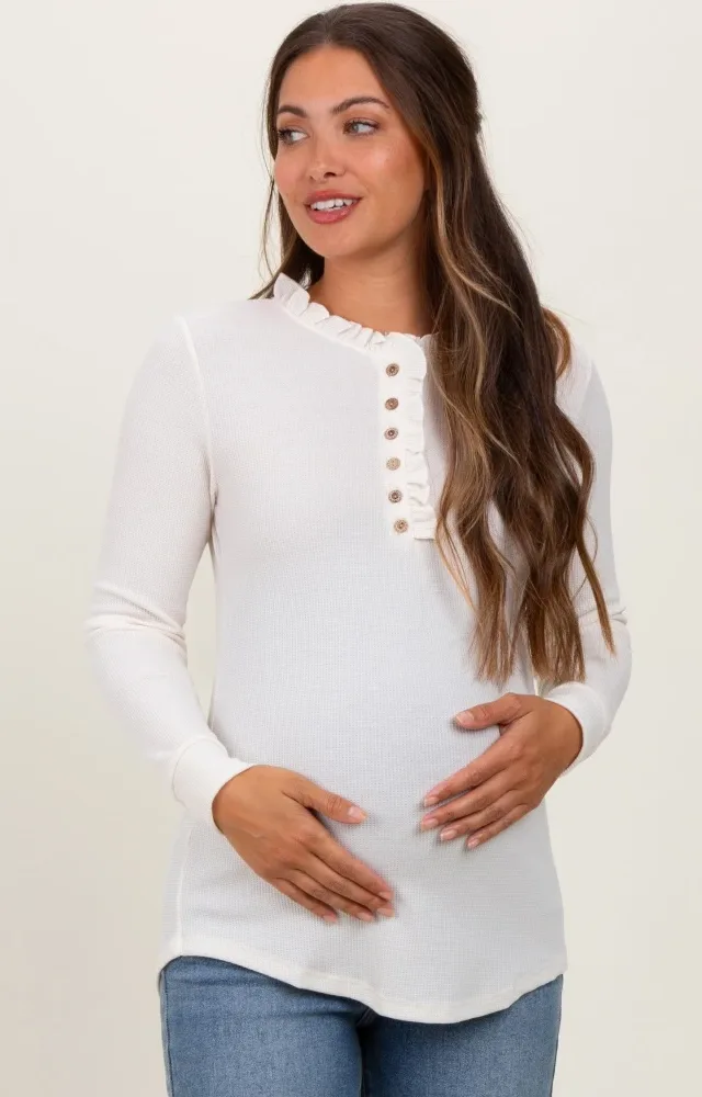 Cream Ruffle Collar Micro Waffle Knit Maternity Henley Top