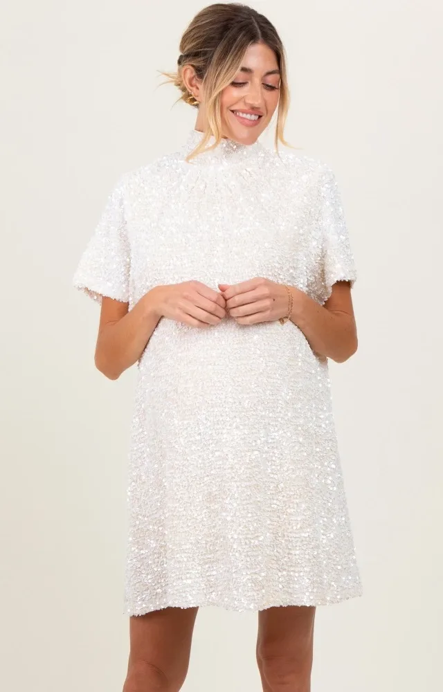 Cream Sequin Mock Neck Tie Back Maternity Dress