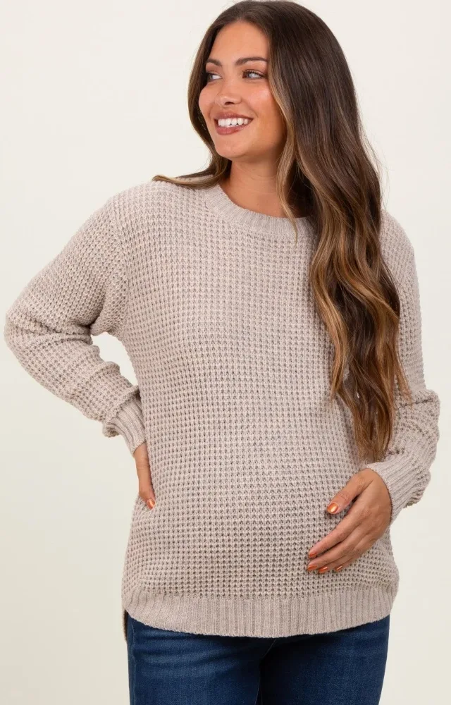 Dark Beige Waffle Knit Rounded Hem Maternity Sweater