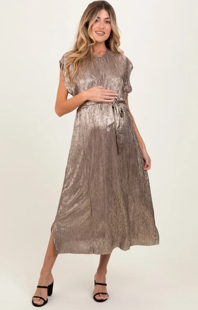 Dark Gold Metallic Maternity Sash Tie Dress