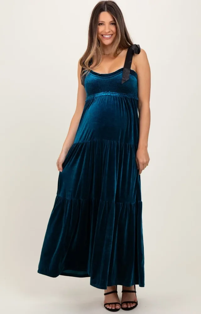 Deep Teal Velvet Smocked Satin Shoulder Tie Maternity Maxi Dress