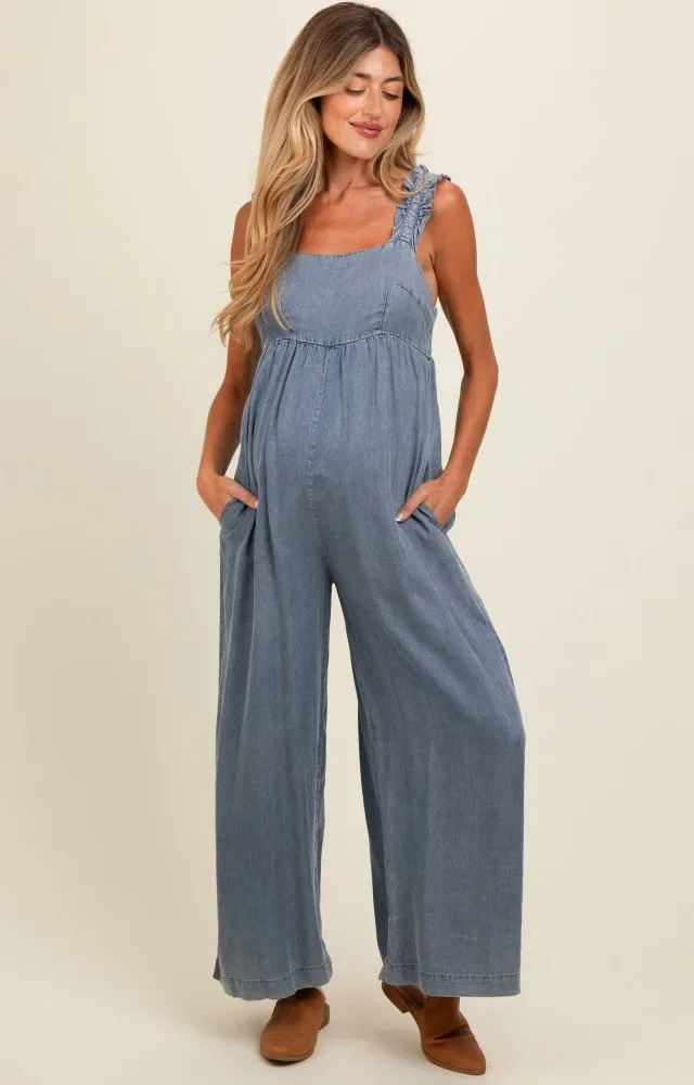 Denim Chambray Cutout Maternity Jumpsuit