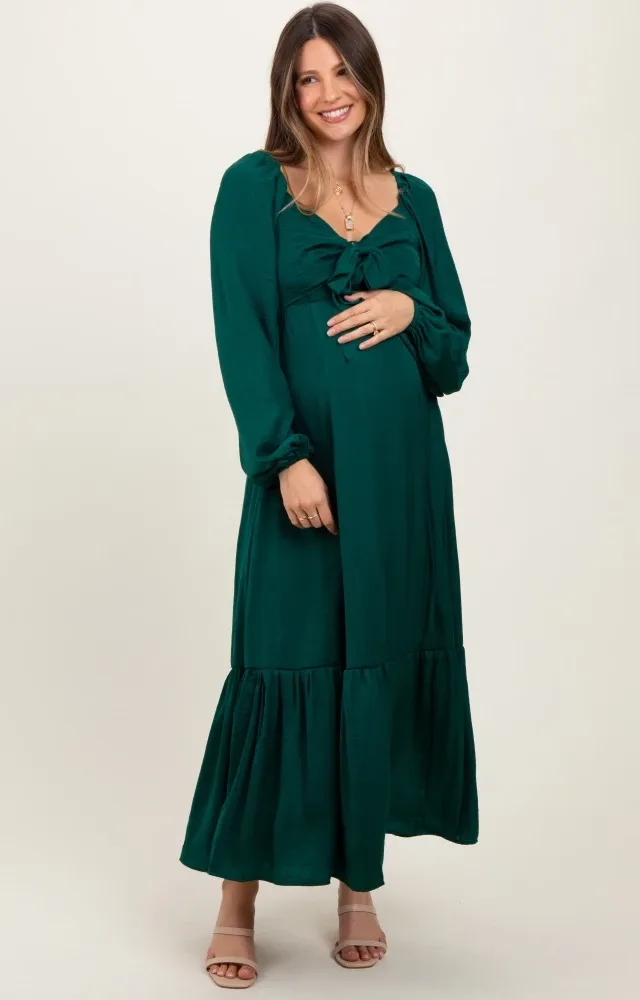 Emerald Bow Satin Maternity Maxi Dress