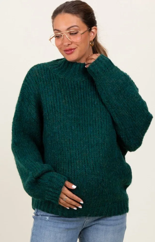 Forest Green Chunky Knit Mock Neck Maternity Sweater