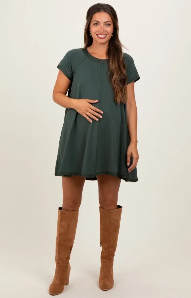 Forest Green French Terry Basic Short Sleeve Maternity Mini Dress