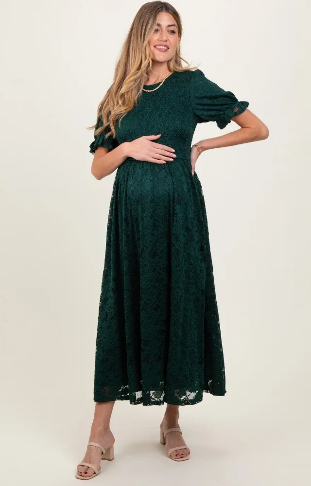 Forest Green Lace Smocked Short Sleeve Maternity Midi Dress