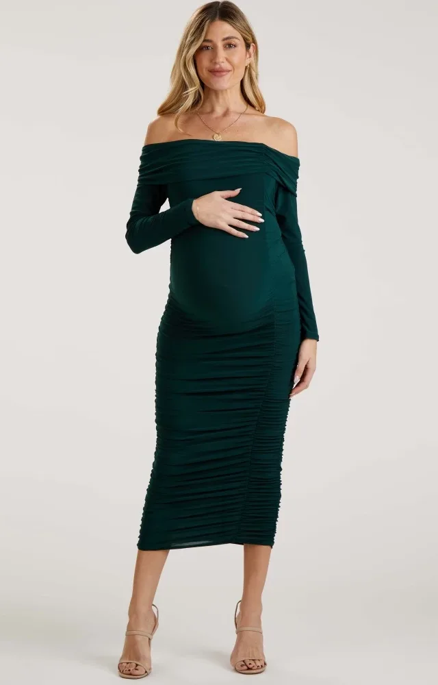 Forest Green Off Shoulder Mesh Ruched Maternity Midi Dress