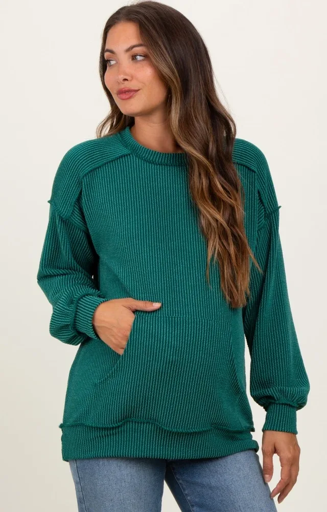 Forest Green Ribbed Knit Front Pocket Maternity Pullover