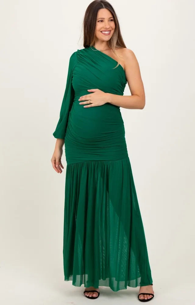 Forest Green Ruched Mesh One Shoulder Asymmetric Maternity Maxi Dress