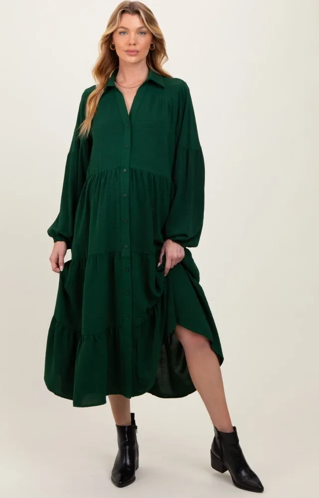 Forest Green Tiered Button Down Long Sleeve Maternity Maxi Dress