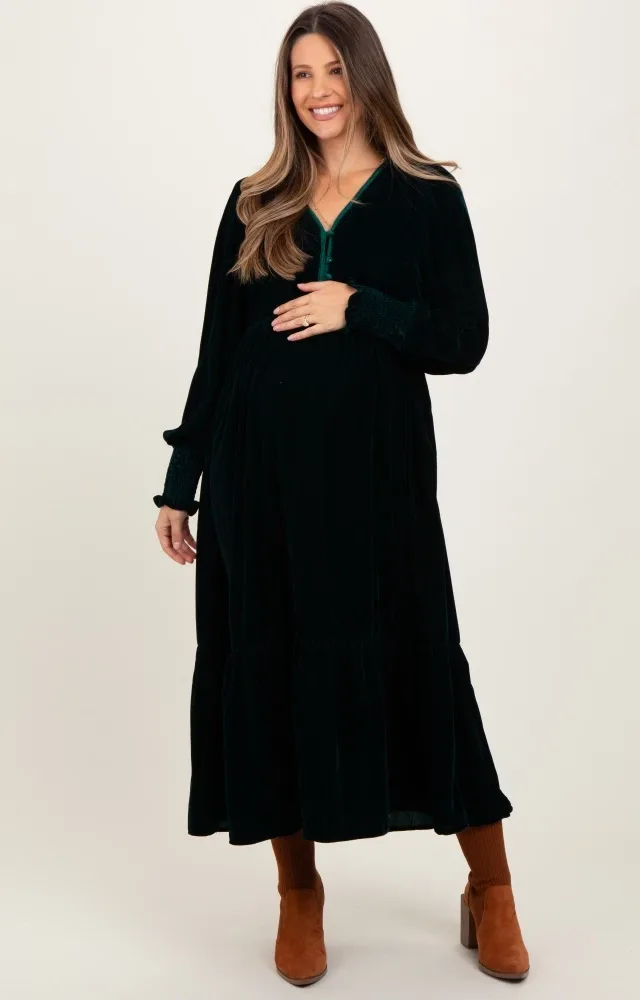 Forest Green Velvet Button Accent Smocked Sleeve Maternity Midi Dress