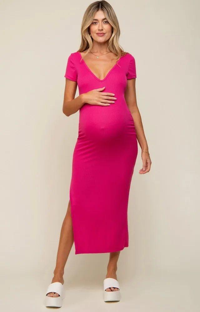 Fuchsia Basic Ribbed Side Slit Maternity Midi Dress