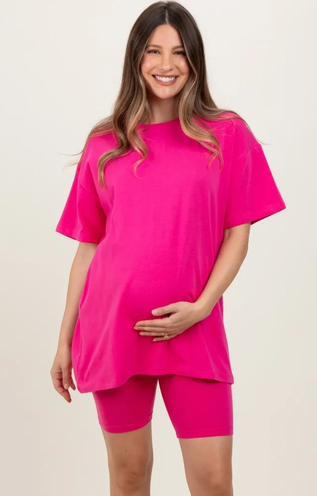 Fuchsia Biker Shorts Maternity Set