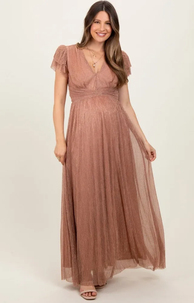 Gold Metallic Plisse Flutter Sleeve Maternity Maxi Dress