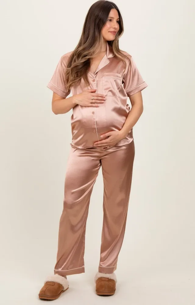 Gold Satin Contrast Trim Maternity Pajama Set