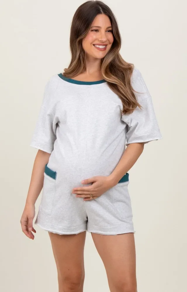 Heather Grey Cotton Terry Contrast Band Short Maternity Romper