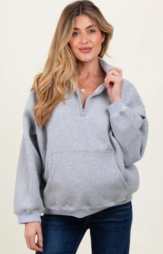 Heather Grey Fleece Oversized Half Zip Maternity Pullover