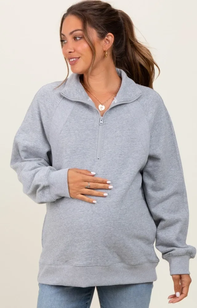 Heather Grey Half Zip Contrast Rib Sweatshirt Maternity Top