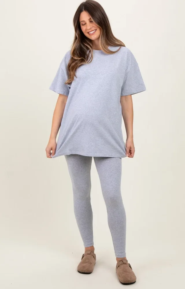 Heather Grey Oversized Crewneck Short Sleeve And Legging Maternity Set