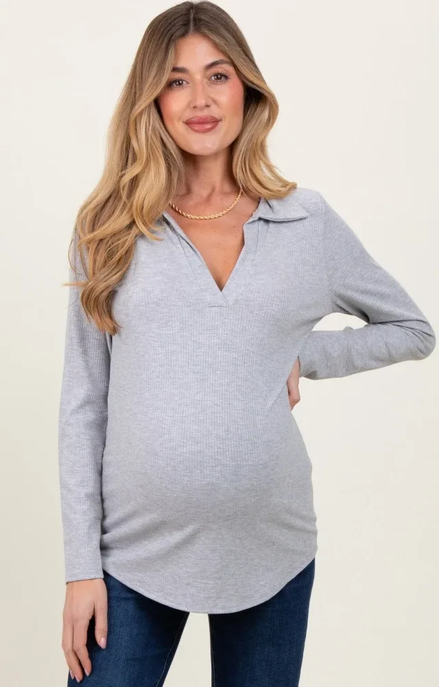 Heather Grey Ribbed Collared Maternity Long Sleeve Top