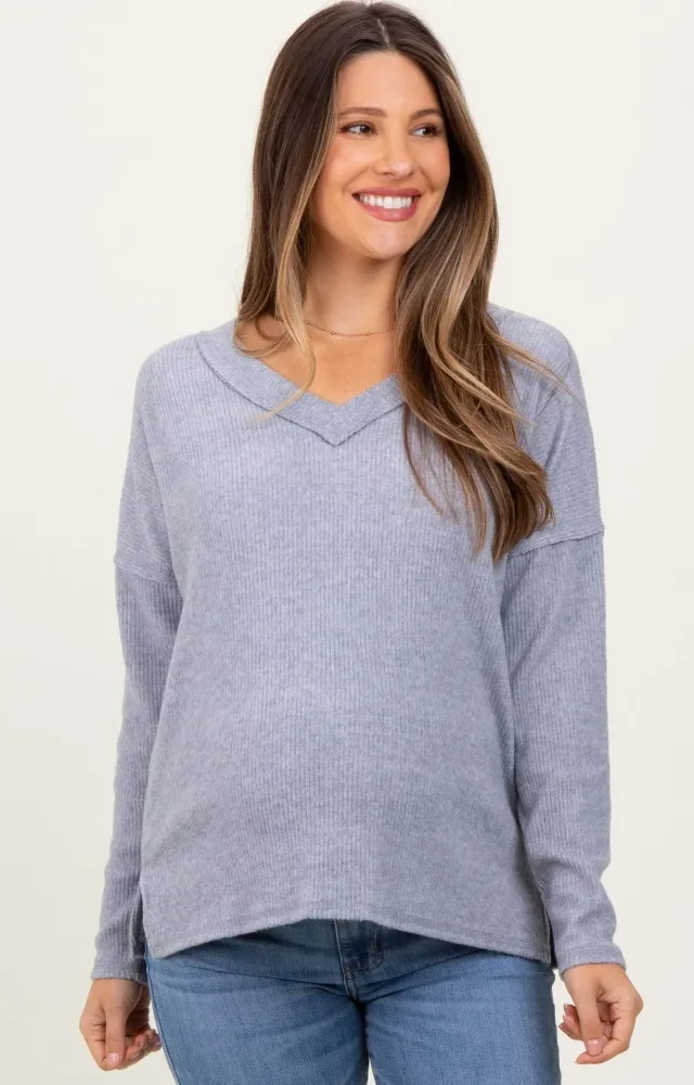 Heather Grey Ribbed V-Neck Long Sleeve Maternity Top