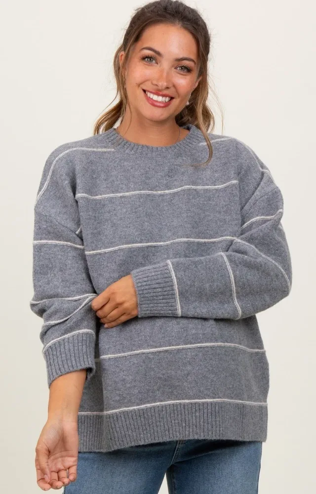 Heather Grey Striped Drop Shoulder Maternity Sweater