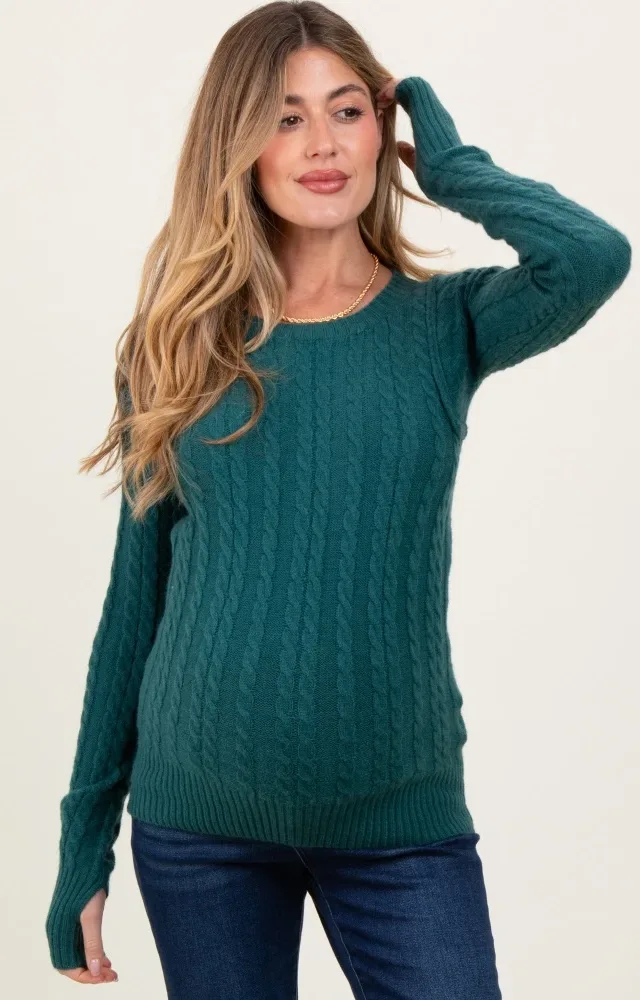 Hunter Green Long Sleeve Cable Patterned Maternity Sweater Knit Top