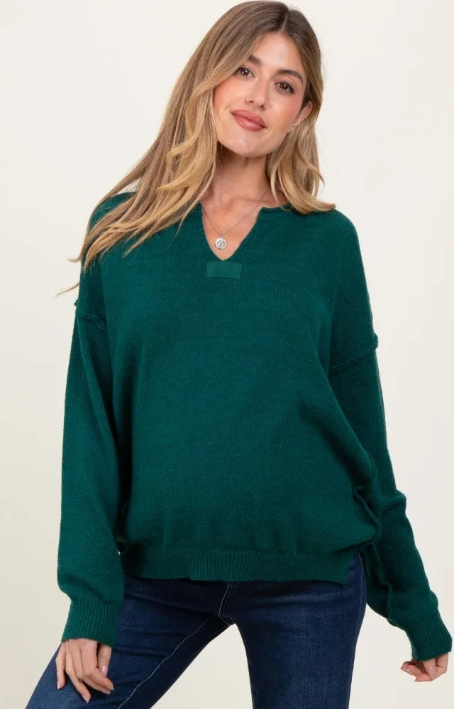 Hunter Green Notched Neck Oversized Maternity Sweater Knit Top