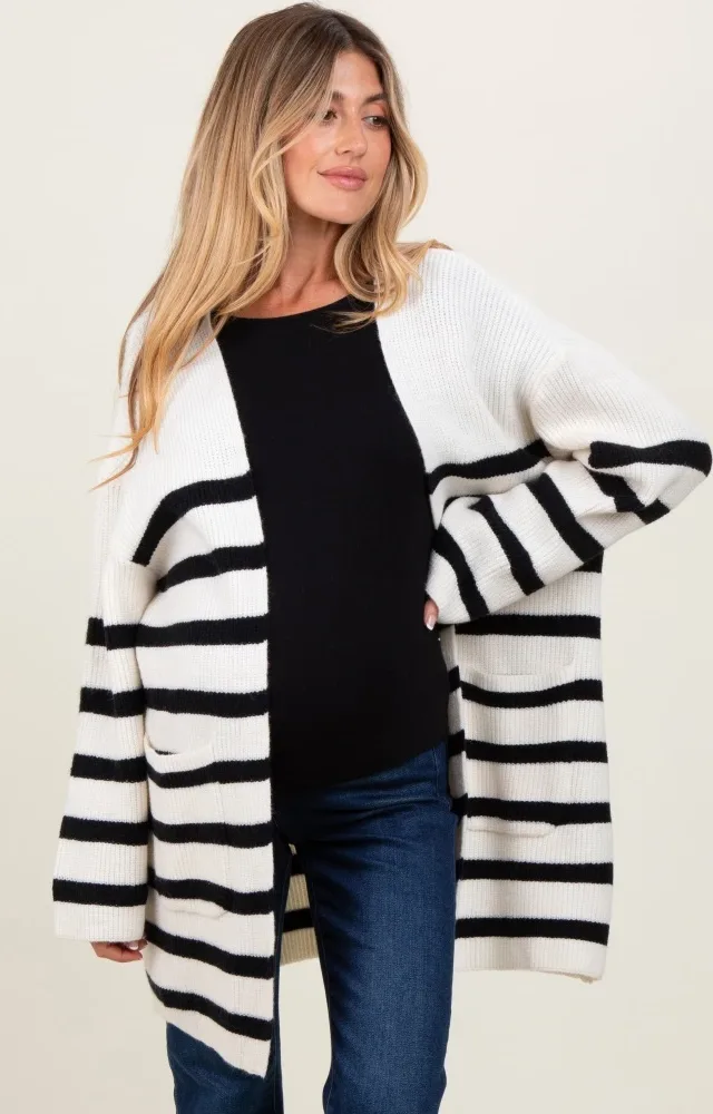 Ivory Black Knit Striped Long Maternity Cardigan