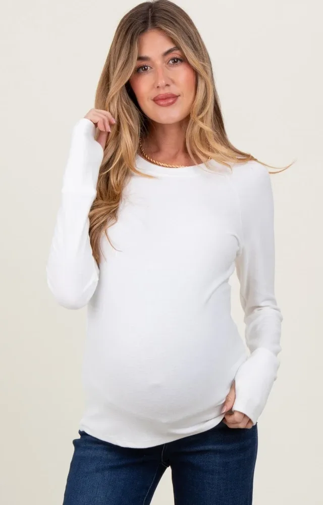 Ivory Brushed Knit Thumb-Hole Maternity Long Sleeve