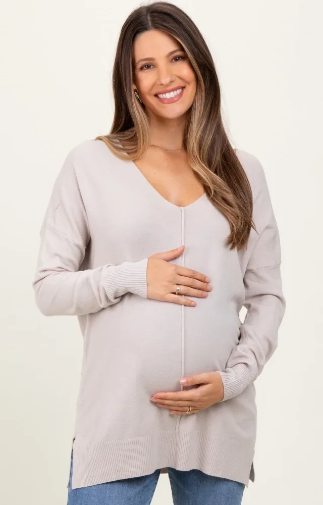 Ivory Front Seam V-Neck Side Slit Maternity Sweater