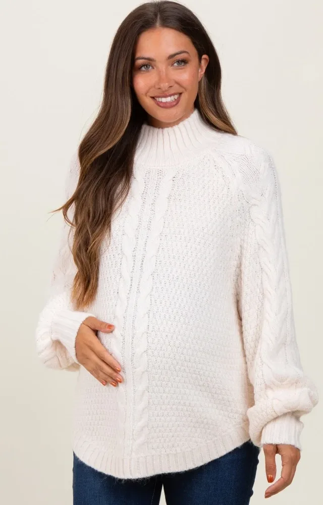 Ivory Mixed Chunky Cable Knit Mock Neck Maternity Sweater