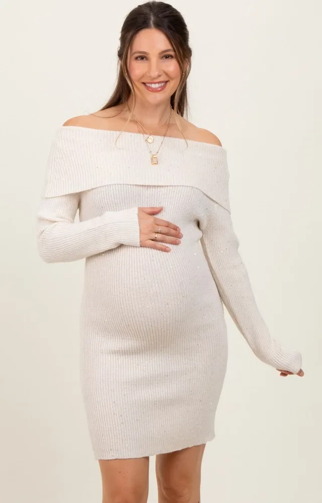 Ivory Off Shoulder Short Sequin Maternity Sweater Dress