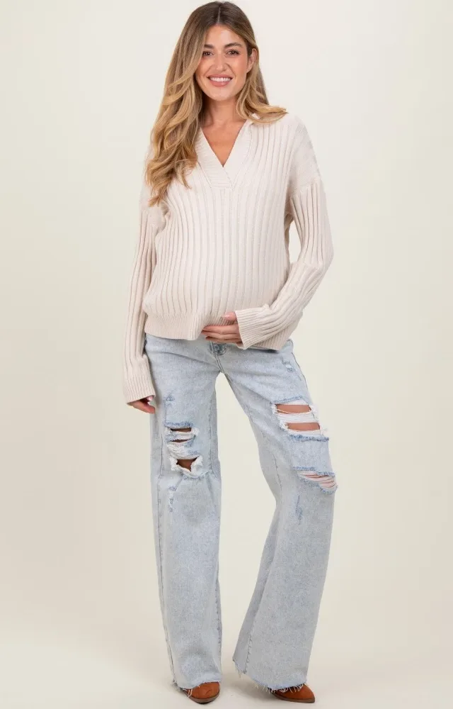 Light Blue Distressed Open Knee Wide Leg Maternity Jeans