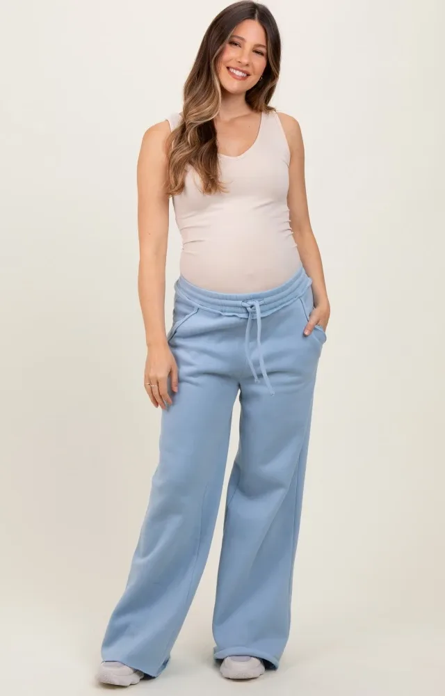 Light Blue Exposed Seam Wide Leg Maternity Sweatpants