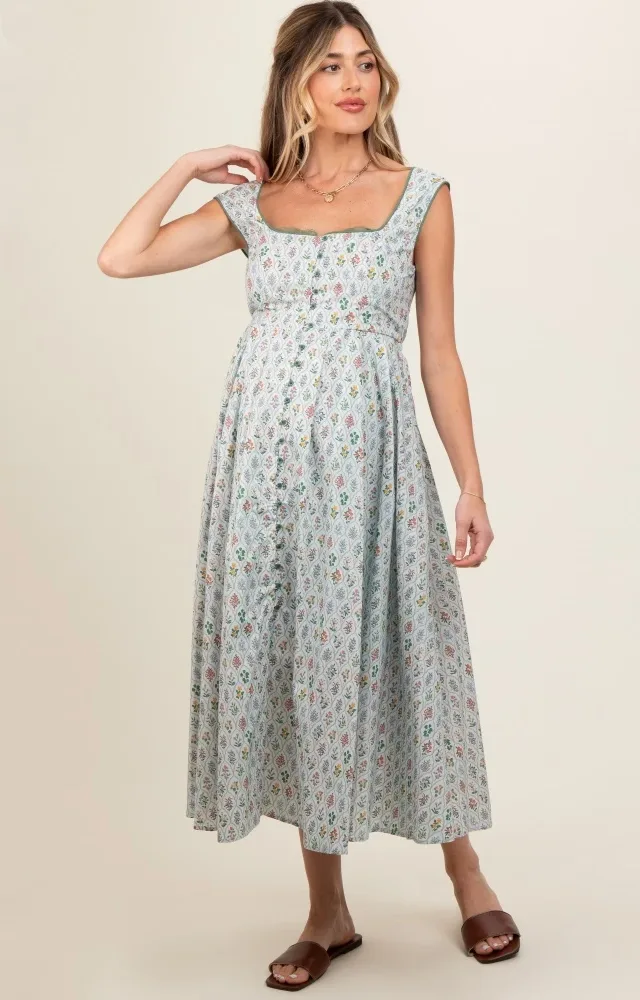 Light Blue Floral Button Front Sleeveless Maternity Maxi Dress