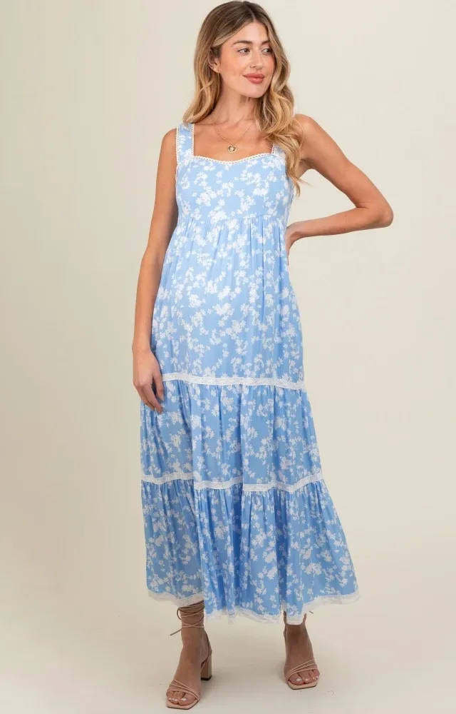 Light Blue Floral Lace Trim Tiered Maternity Maxi Dress