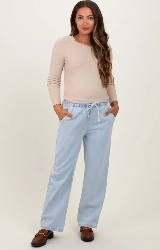 Light Blue Washed Chambray Drawstring Relaxed Fit Maternity Pants