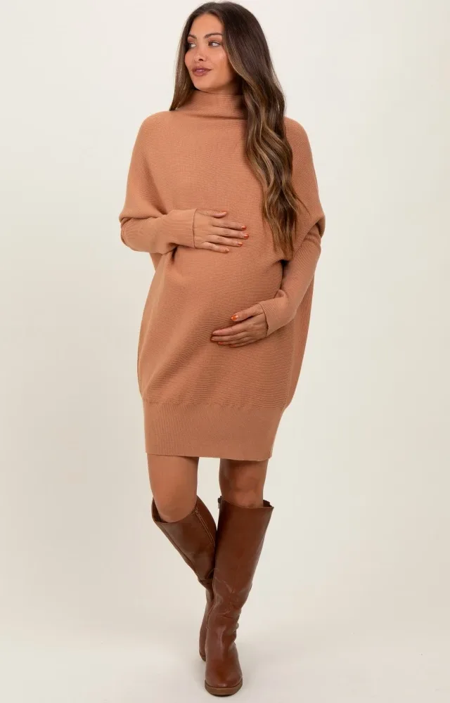 Light Camel Funnel Neck Dolman Sleeve Maternity Mini Dress