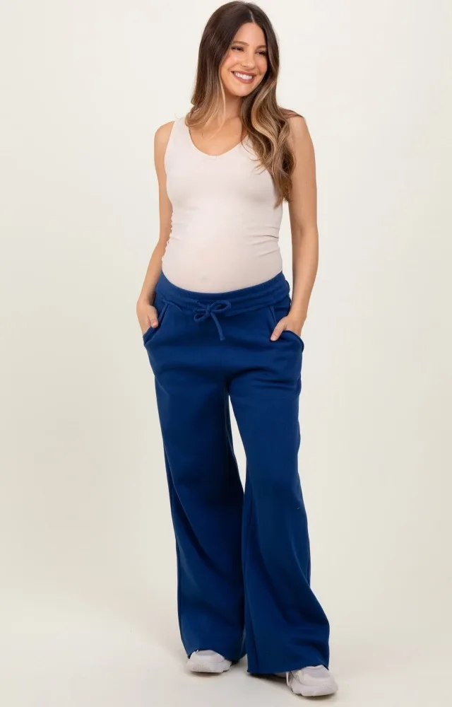 Light Navy Exposed Seam Wide Leg Maternity Sweatpants