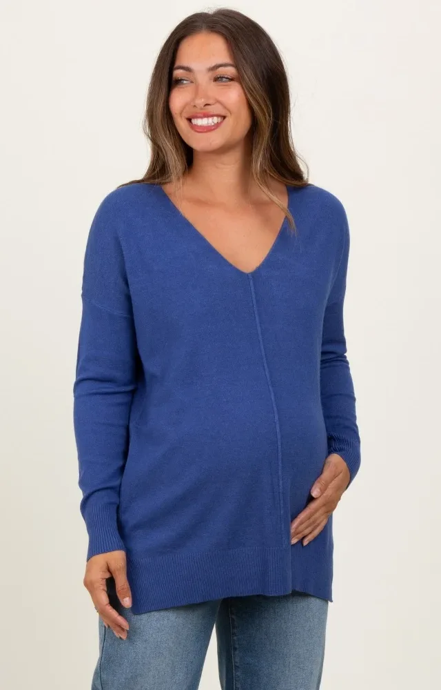 Light Navy Front Seam V-Neck Side Slit Maternity Sweater