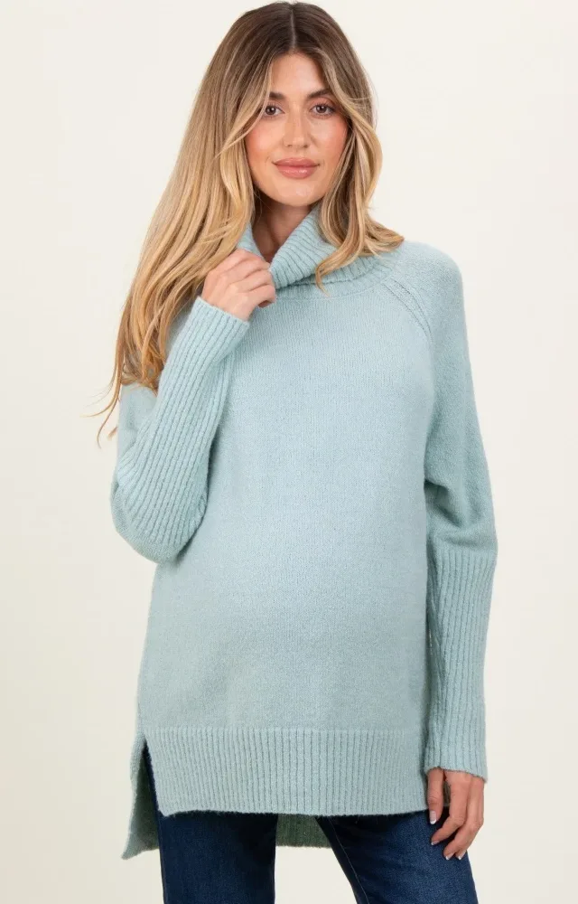 Light Olive Contrast Rib Turtle Neck Maternity Sweater