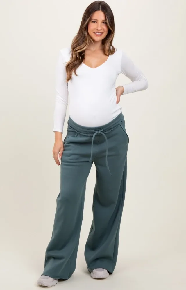 Light Olive Exposed Seam Wide Leg Maternity Sweatpants