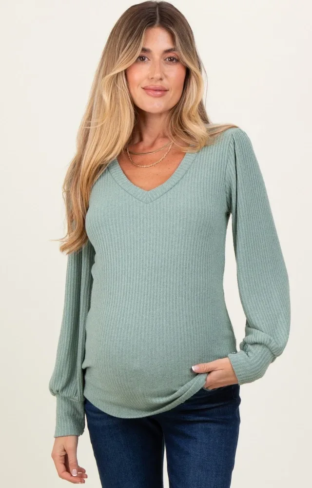 Light Olive Ribbed Knit V-Neck Button Cuff Maternity Top