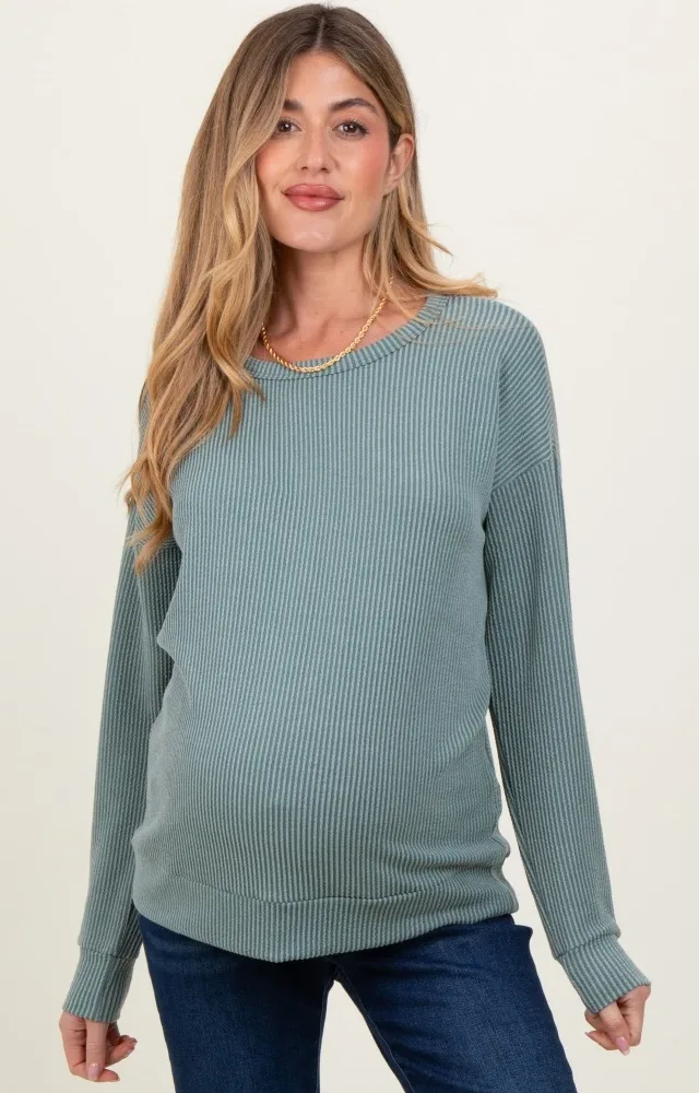 Light Olive Ribbed Long Sleeve Maternity Pullover Top