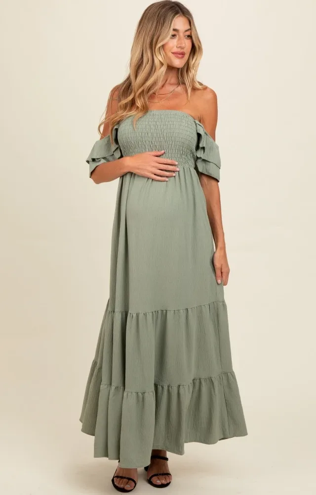 Light Olive Smocked Ruffle Off Shoulder Tiered Maternity Dress